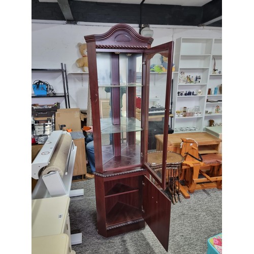 480 - Mahogany corner cabinet  in very clean condition having a glazed cabinet to the top with three shelv... 