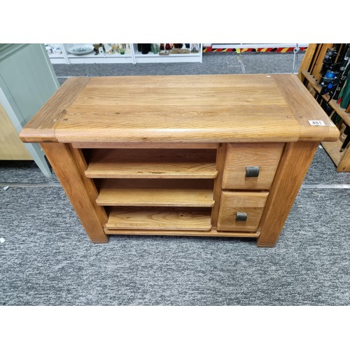 481 - Good quality modern chunky solid oak TV unit with three shelves and two short drawers made to a very... 