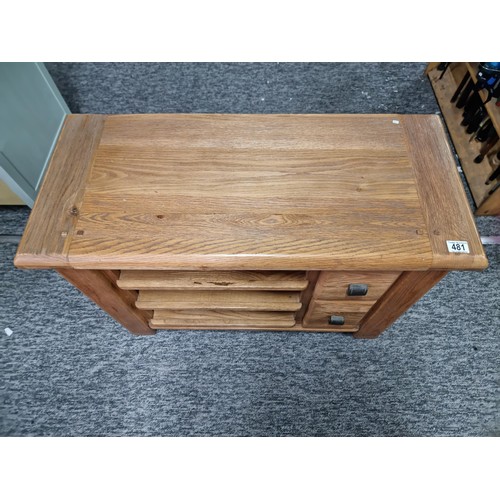 481 - Good quality modern chunky solid oak TV unit with three shelves and two short drawers made to a very... 