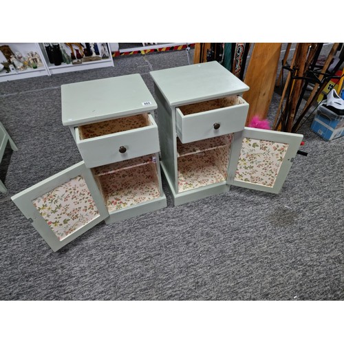 482 - Pair of clean and tidy light green painted bedside cabinets having door below one drawer with brass ... 