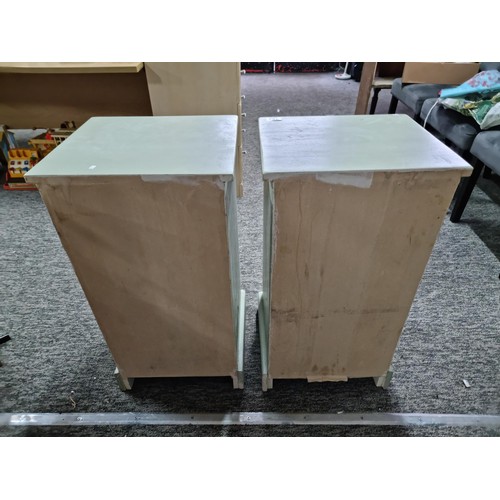 482 - Pair of clean and tidy light green painted bedside cabinets having door below one drawer with brass ... 