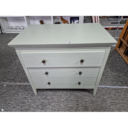 483 - Good quality clean light green painted chest of three drawers with brass knobs having a clean top ma... 