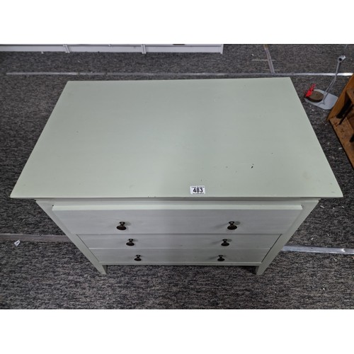 483 - Good quality clean light green painted chest of three drawers with brass knobs having a clean top ma... 