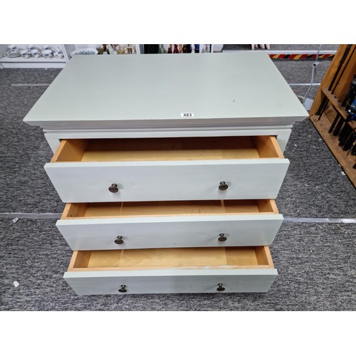 483 - Good quality clean light green painted chest of three drawers with brass knobs having a clean top ma... 