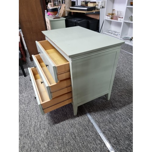 483 - Good quality clean light green painted chest of three drawers with brass knobs having a clean top ma... 