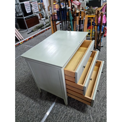 483 - Good quality clean light green painted chest of three drawers with brass knobs having a clean top ma... 