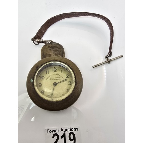 219 - A good vintage heavy duty brass miners pocket watch case complete with a railway timekeeper vintage ... 