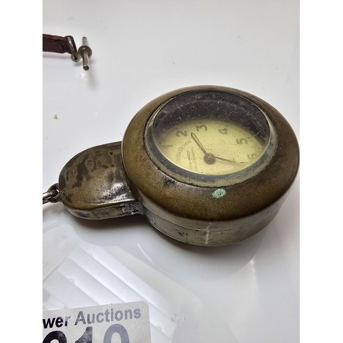 219 - A good vintage heavy duty brass miners pocket watch case complete with a railway timekeeper vintage ... 