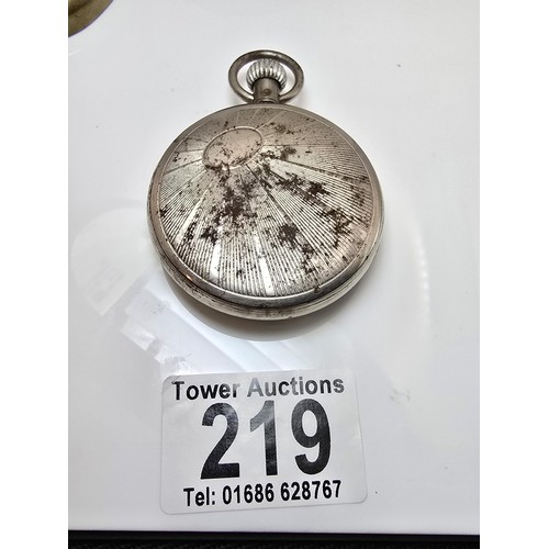 219 - A good vintage heavy duty brass miners pocket watch case complete with a railway timekeeper vintage ... 