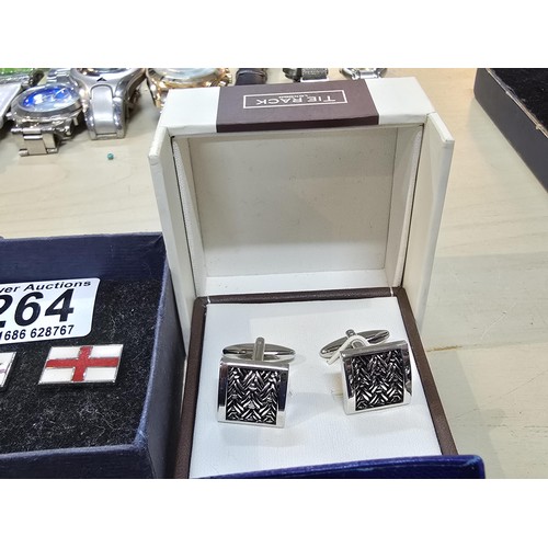 264 - A collection of 6x as new unused pairs of cuff links to include an attractive enamelled pair of cuff... 