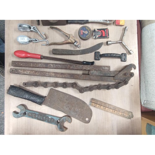 386 - Large crate of shed odds to include a good quality coal scuttle, mortar board, meat cleaver, vintage... 