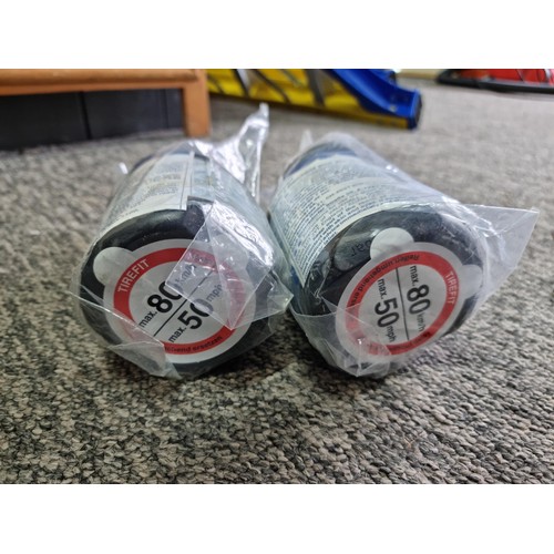 444 - Good GM portable 12v air compressor for inflating car tires complete set. 2 additional canisters of ... 