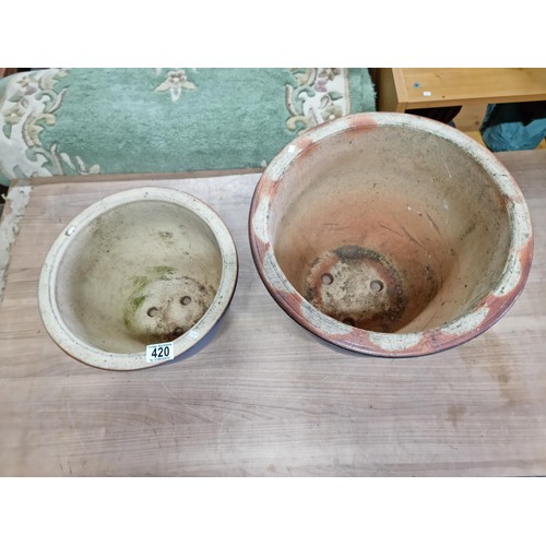 420 - 2x blue glaze stoneware planters in good order with drainage holes, largest measures 31cm high by 39... 