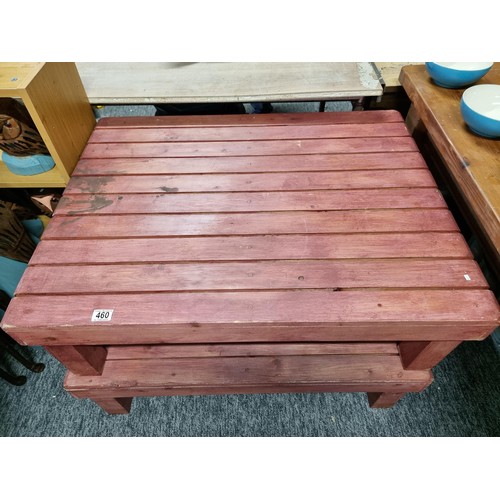 460 - 2x red painted slatted tables for outside in good order both tables connect with a brass hook. each ... 