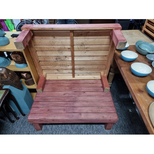 460 - 2x red painted slatted tables for outside in good order both tables connect with a brass hook. each ... 