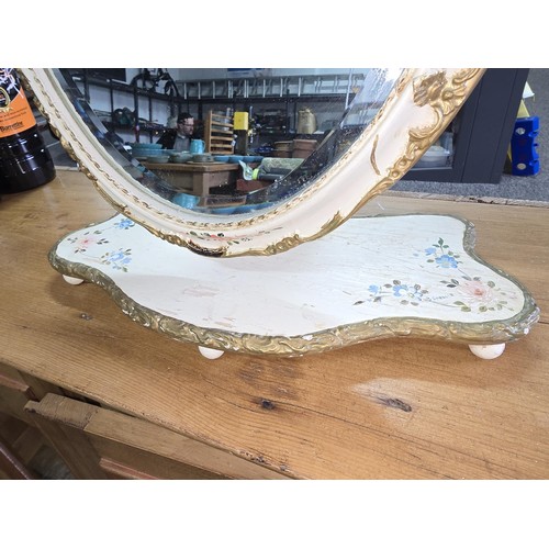 463A - Attractive vintage adjustable dressing table mirror having an ornate wooden frame and base hand pain... 