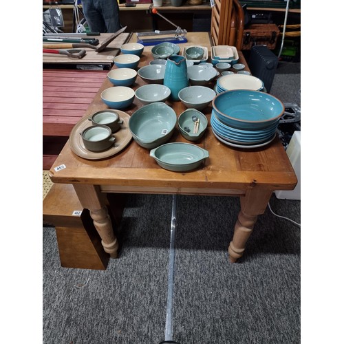 465 - Good chunky solid pine farmhouse table standing on turned legs table features a drawer to one end th... 