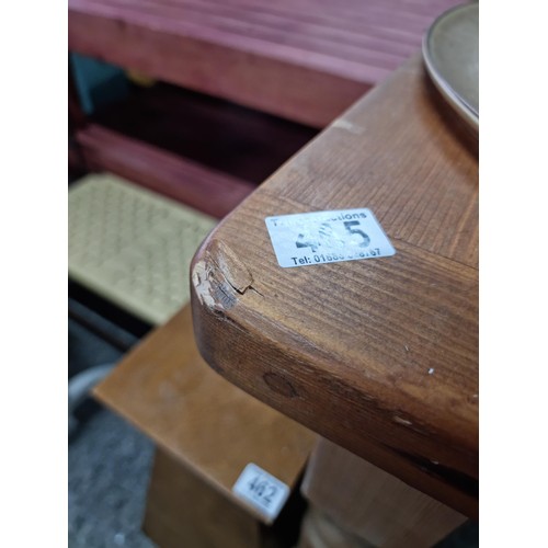 465 - Good chunky solid pine farmhouse table standing on turned legs table features a drawer to one end th... 