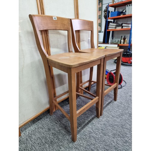 466 - Pair of good quality solid teak bar stools with backs both presenting good grain and are in clean co... 