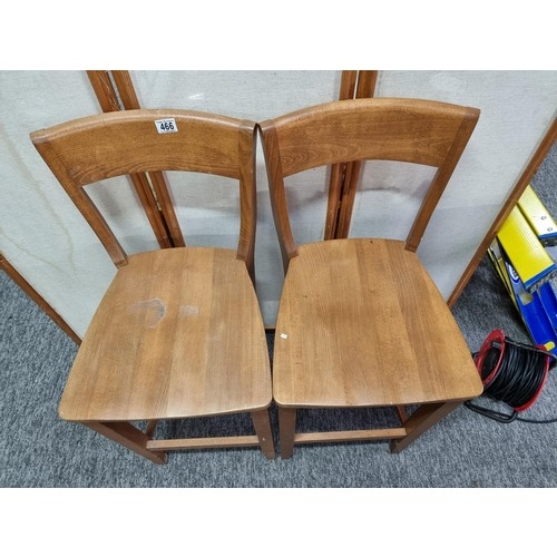 466 - Pair of good quality solid teak bar stools with backs both presenting good grain and are in clean co... 