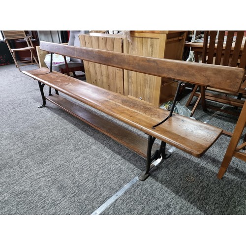 467 - Good quality antique long solid wood and cast iron framed bench removed from a tram station many yea... 