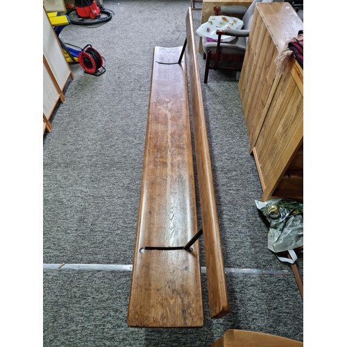 467 - Good quality antique long solid wood and cast iron framed bench removed from a tram station many yea... 