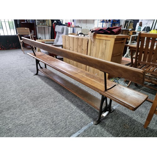 467 - Good quality antique long solid wood and cast iron framed bench removed from a tram station many yea... 