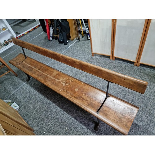 467 - Good quality antique long solid wood and cast iron framed bench removed from a tram station many yea... 