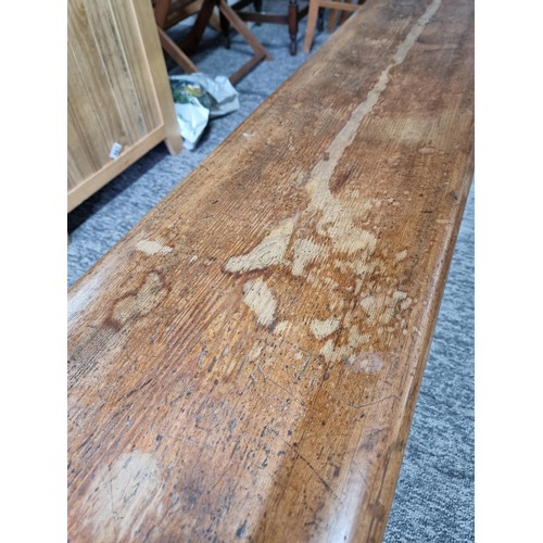 467 - Good quality antique long solid wood and cast iron framed bench removed from a tram station many yea... 