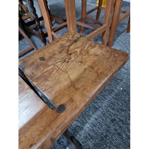 467 - Good quality antique long solid wood and cast iron framed bench removed from a tram station many yea... 