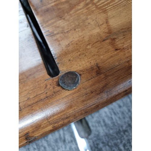 467 - Good quality antique long solid wood and cast iron framed bench removed from a tram station many yea... 