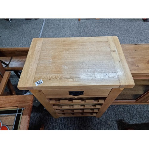 472 - Good quality modern solid oak wine rack kitchen unit with a large clean top with a drawer below havi... 
