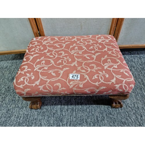 475 - Attractive upholstered foot stool standing on carved wooden claw and ball feet having a clean top an... 
