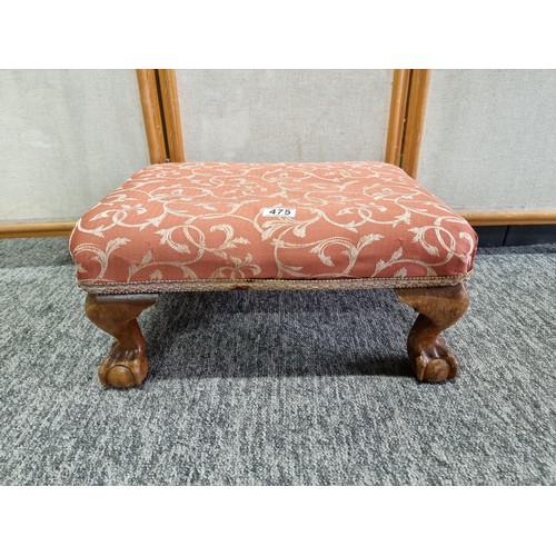 475 - Attractive upholstered foot stool standing on carved wooden claw and ball feet having a clean top an... 