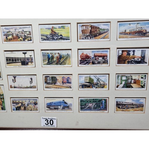 30 - A framed and glazed set of locomotive themed cigarette cards in good condition.