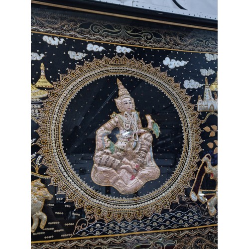 55 - Very large vintage Burmese hand made padded tapestry shadow box with a figure to the centre farming ... 