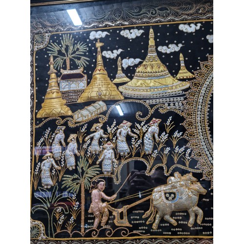 55 - Very large vintage Burmese hand made padded tapestry shadow box with a figure to the centre farming ... 