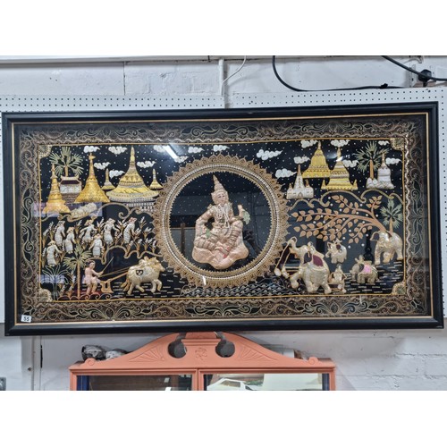 55 - Very large vintage Burmese hand made padded tapestry shadow box with a figure to the centre farming ... 
