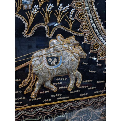 55 - Very large vintage Burmese hand made padded tapestry shadow box with a figure to the centre farming ... 