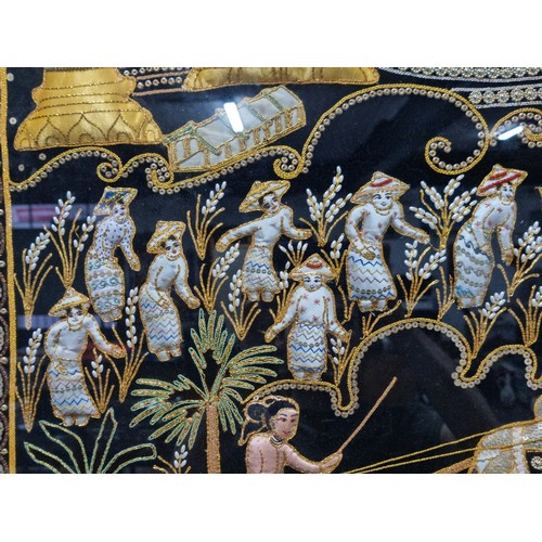 55 - Very large vintage Burmese hand made padded tapestry shadow box with a figure to the centre farming ... 