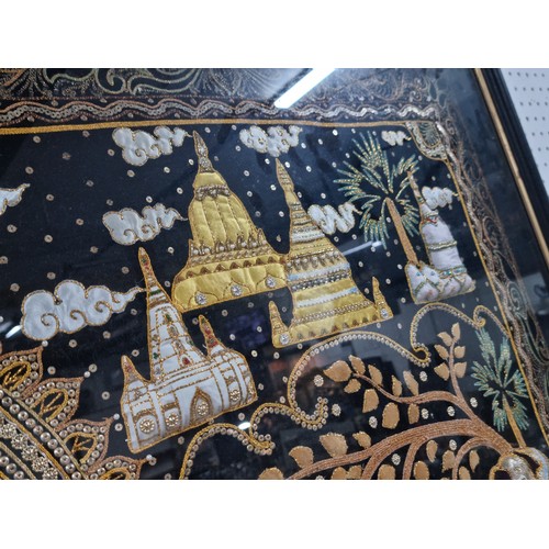 55 - Very large vintage Burmese hand made padded tapestry shadow box with a figure to the centre farming ... 