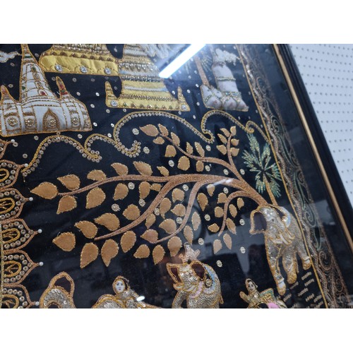 55 - Very large vintage Burmese hand made padded tapestry shadow box with a figure to the centre farming ... 