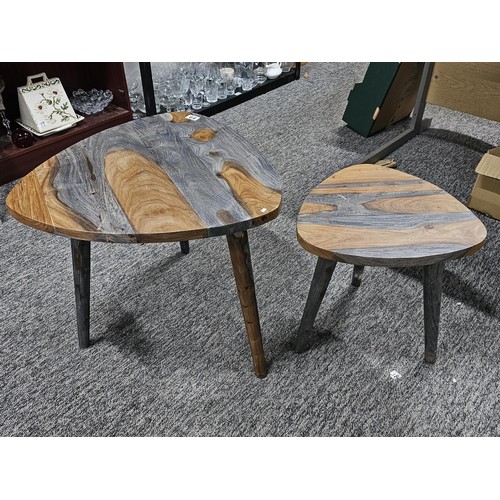 64 - A pair of plectrum shaped wooden topped modern two tone tables both in good order in a grey and brow... 