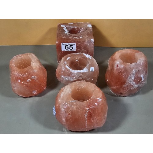 65 - A collection of 5 Himalayan salt lamp tea light holders in good order to include one square one and ... 