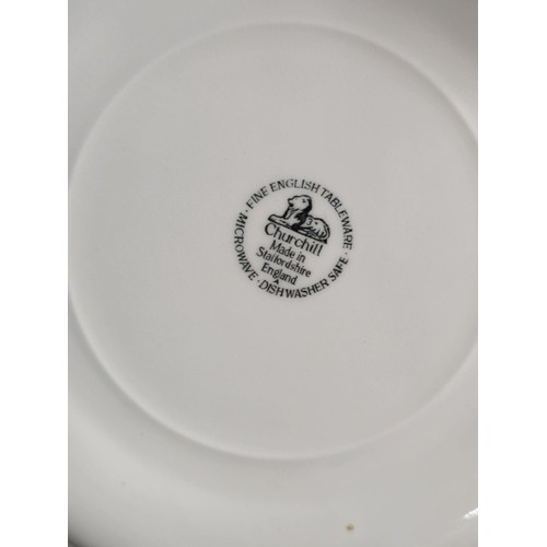 66 - A partial willow pattern dinner set to include 6x trios, 6x dinner plates and 6x bowls all in good o... 