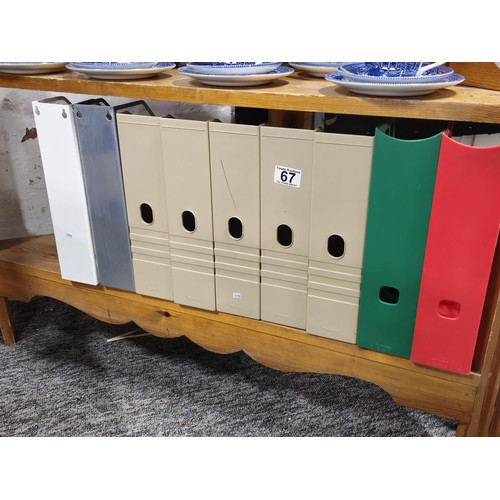 67 - A collection of 7x A4 size office organiser plastic storage cases and 2x metal wall hanging storage ... 