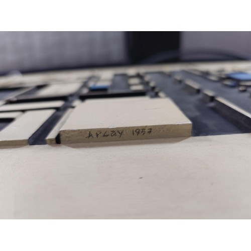 61 - An original abstract wooden block built picture by Cuban artist Wifredo Arcay titled 'Luza 1957' usi... 