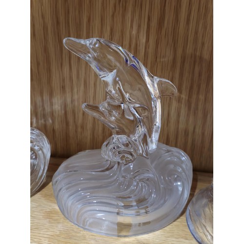88 - A collection of 4x french art glass dolphin figures to include one in blue all riding a crest of a w... 