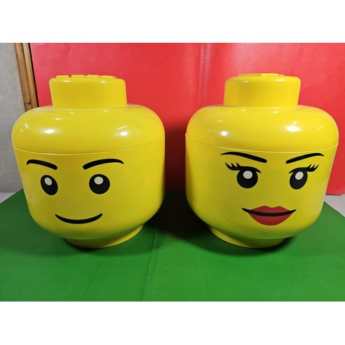 114 - 2x original Lego containers in the form of Lego heads both full of Lego pieces along with 3x jigsaws... 