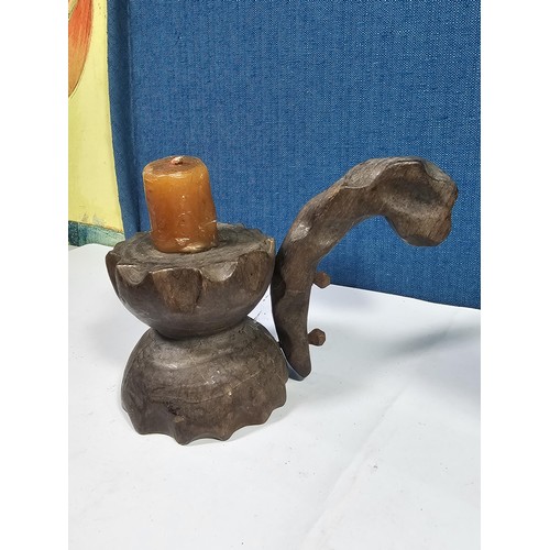 142 - A collection of wooden items to include 3x wooden crosses set into a wooden base along with 3x rusti... 